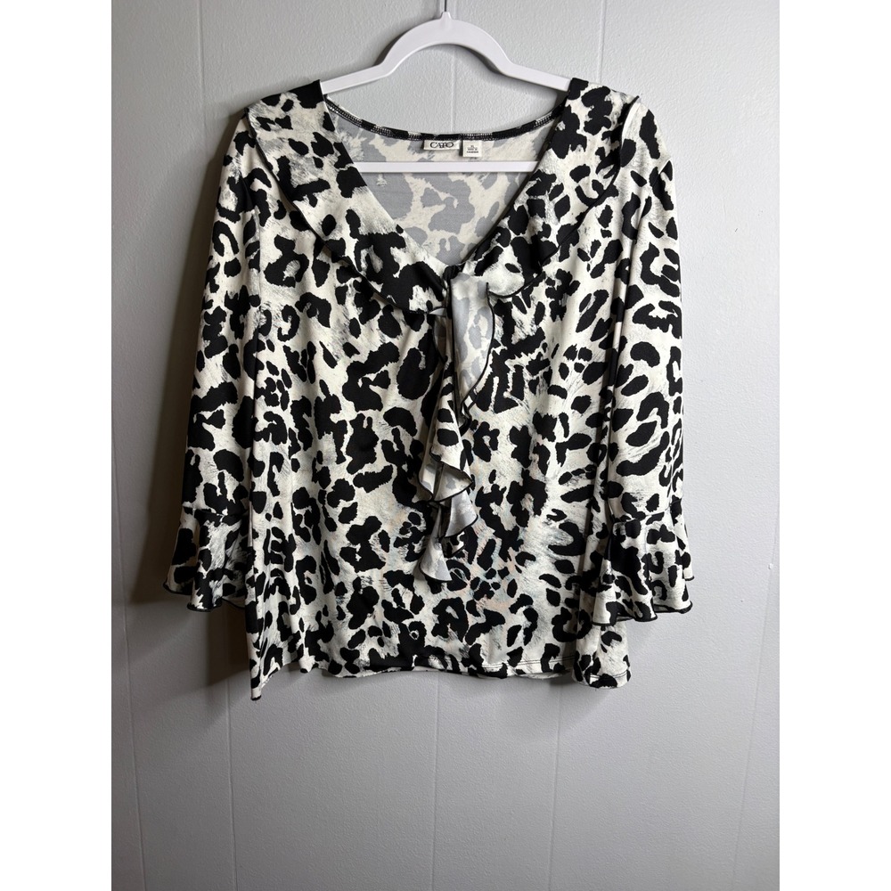 Cato Womens XL Leopard Print Ruffle V-Neck Blouse Bell Sleeve Black White Top